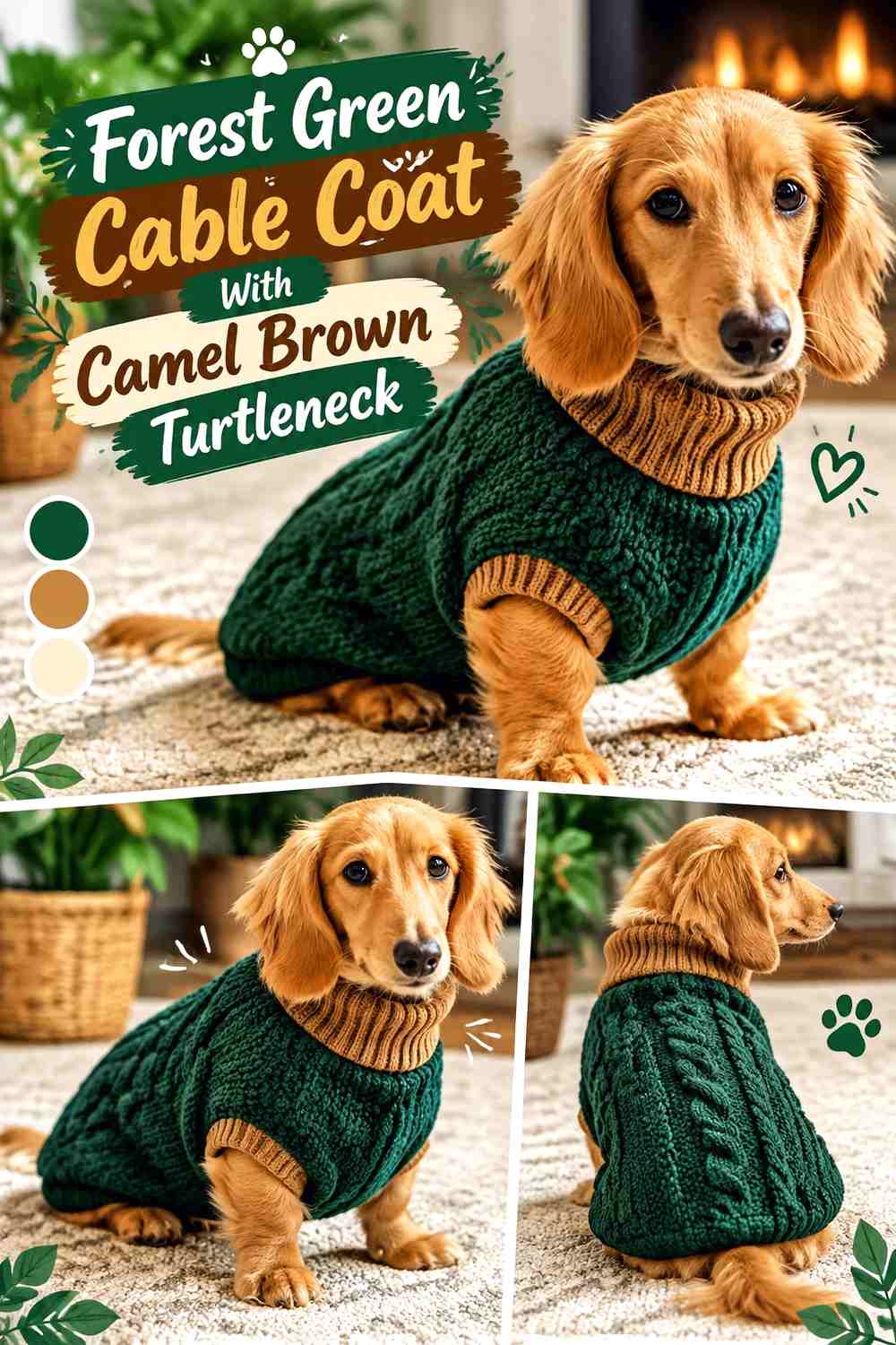 Forest Green Cable Coat With Camel Brown Turtleneck