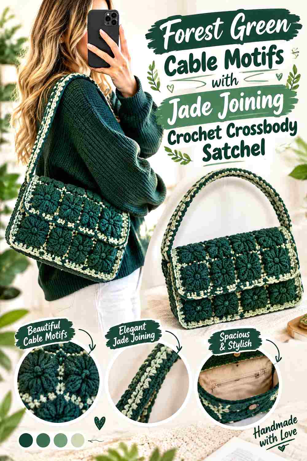 10. Forest Green Cable Motifs With Jade Joining Crochet Crossbody Satchel