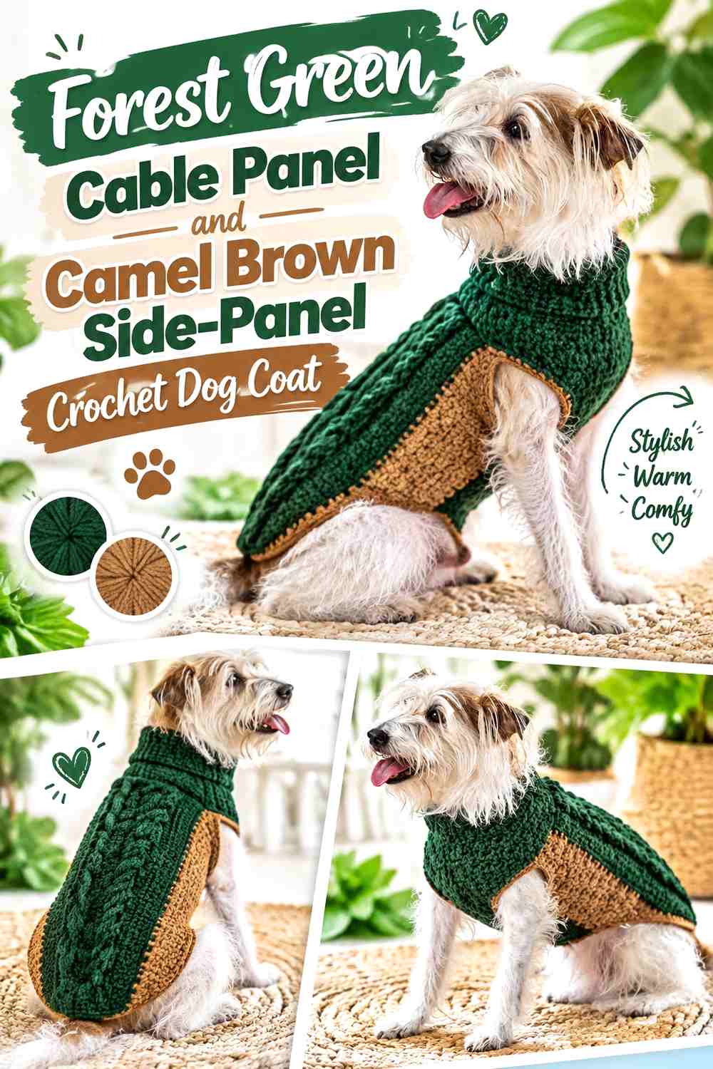 Forest Green Cable Panel and Camel Brown Side-Panel Crochet Dog Coat
