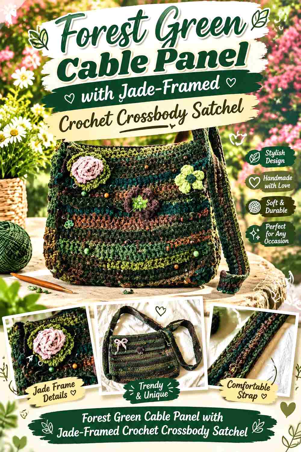 4. Forest Green Cable Panel With Jade Framed Crochet Crossbody Satchel