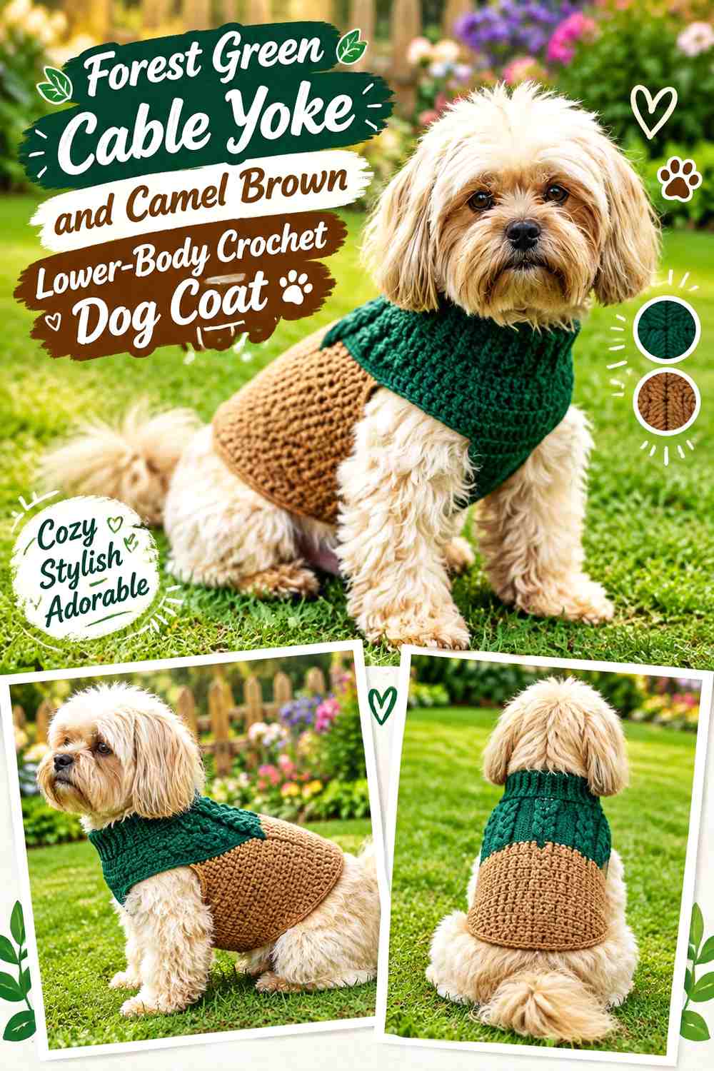Forest Green Cable Yoke and Camel Brown Lower-Body Crochet Dog Coat