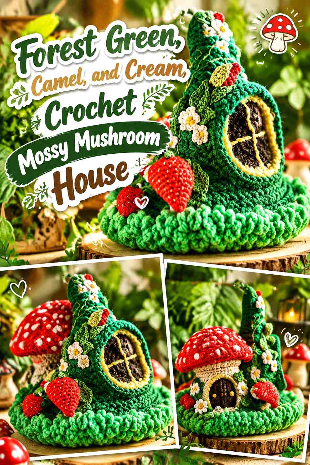 Forest Green, Camel, and Cream Crochet Mossy Mushroom House