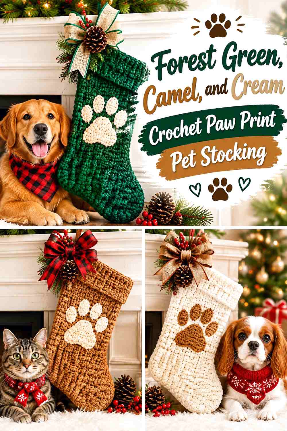 Forest Green, Camel, and Cream Crochet Paw Print Pet Stocking