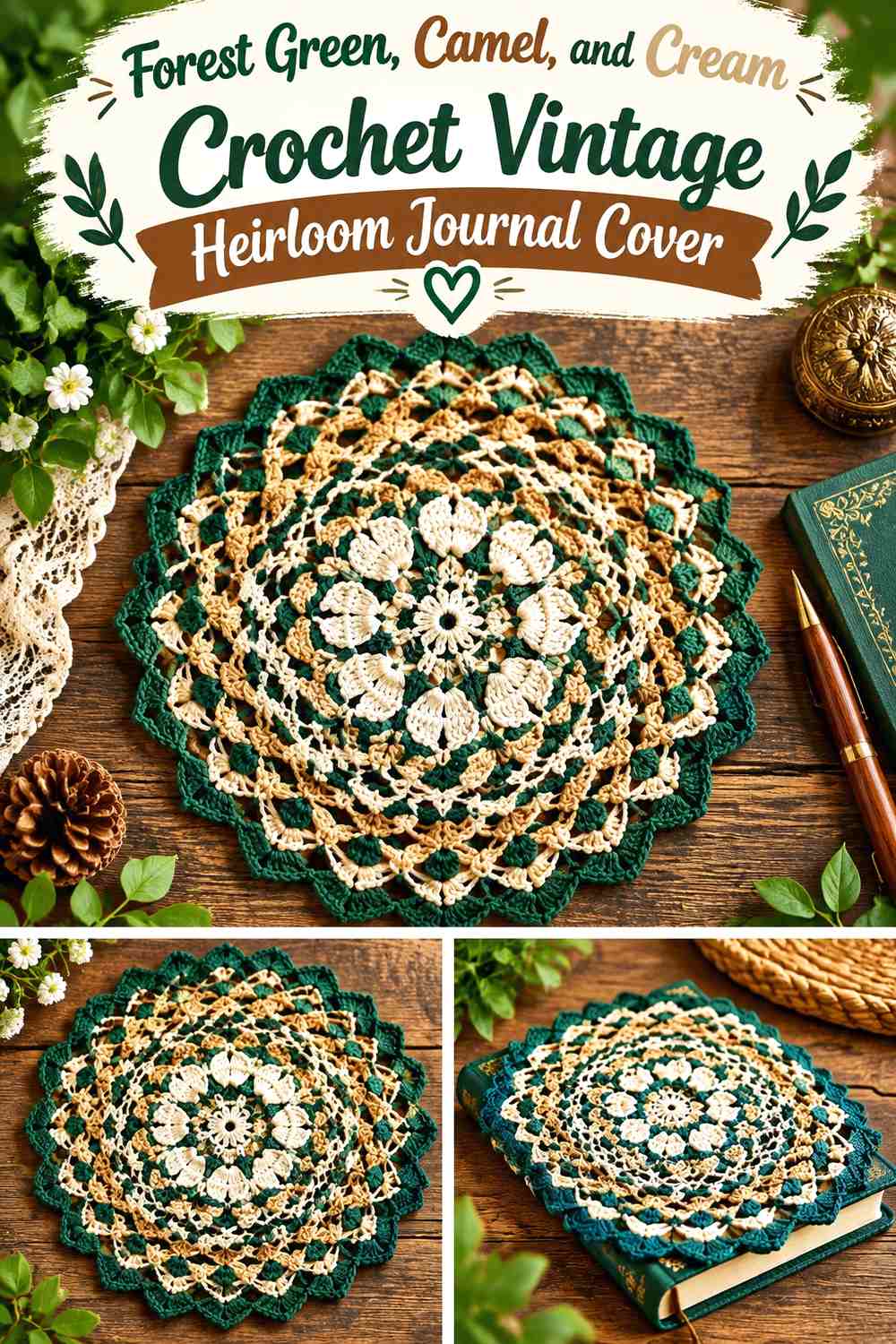 Forest Green, Camel, and Cream Crochet Vintage Heirloom Journal Cover