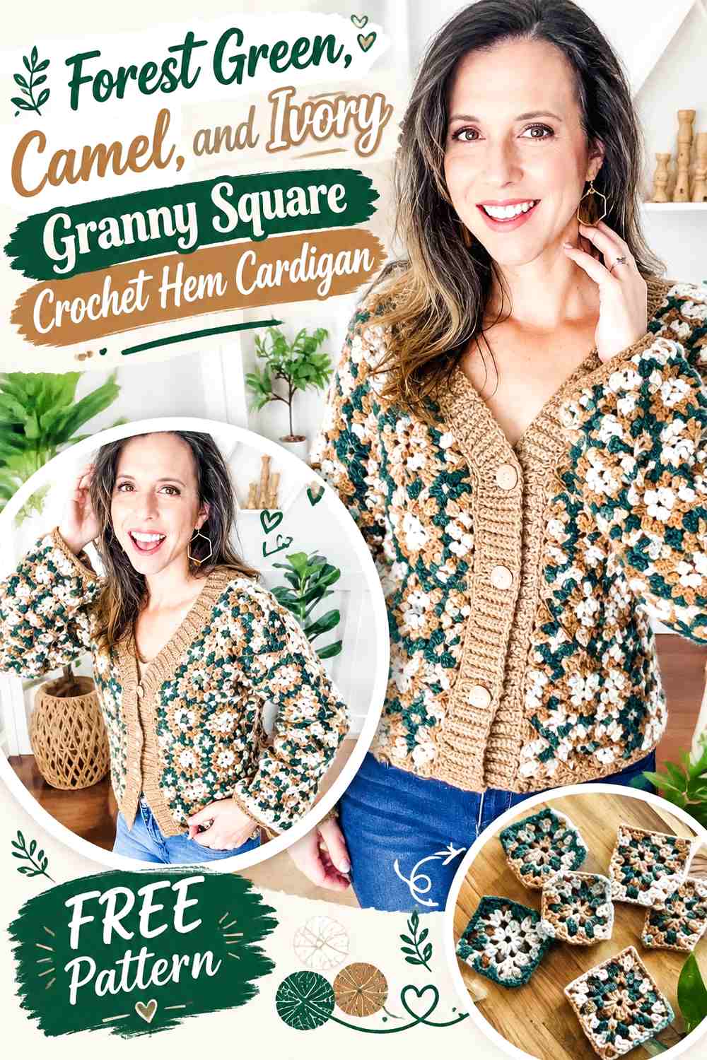 Forest Green, Camel, and Ivory Granny Square Crochet Hem Cardigan