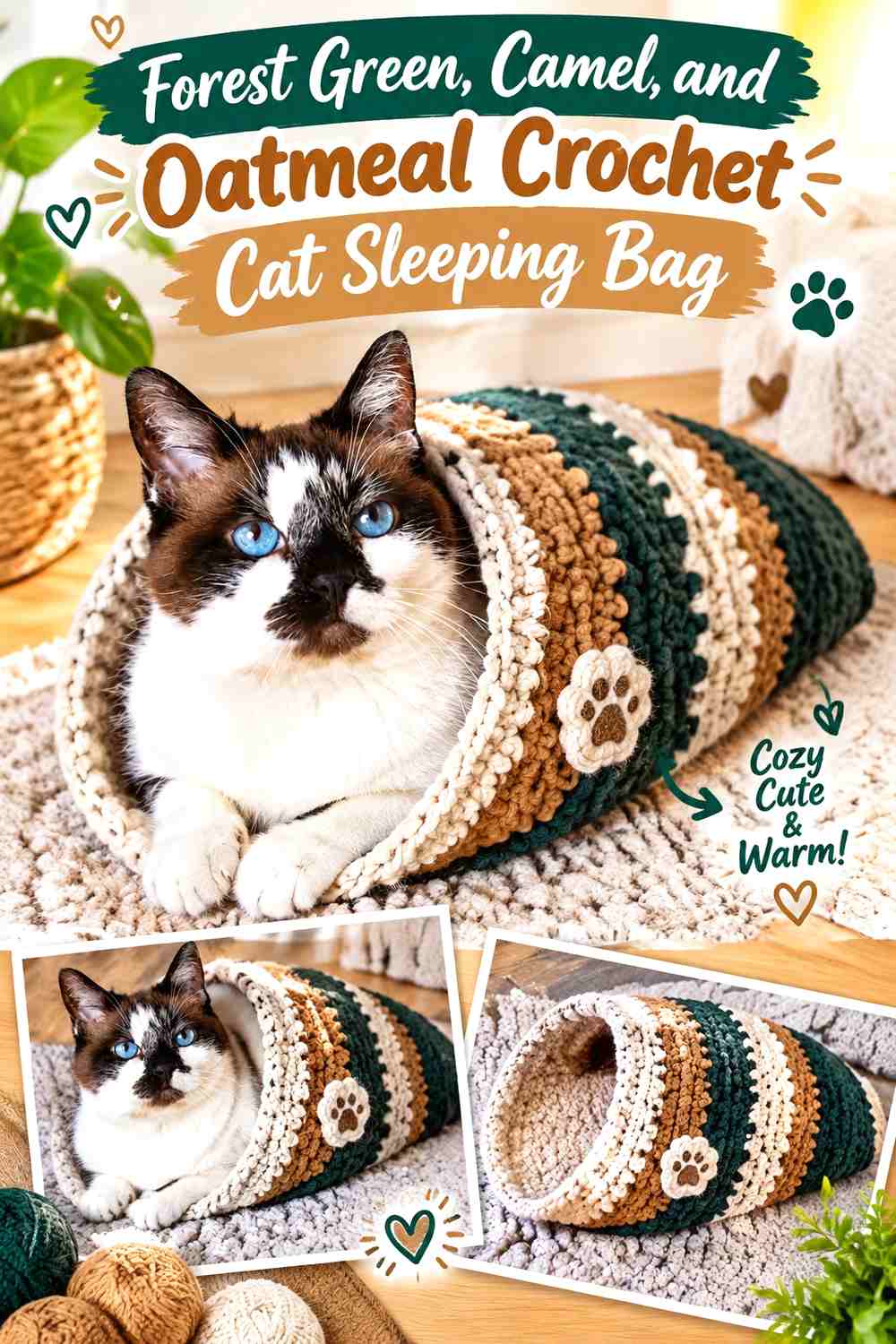 Forest Green, Camel, and Oatmeal Crochet Cat Sleeping Bag
