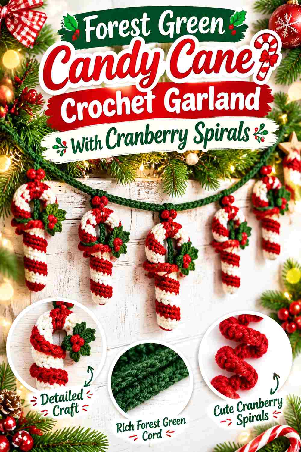 11. Forest Green Candy Cane Crochet Garland With Cranberry Spirals