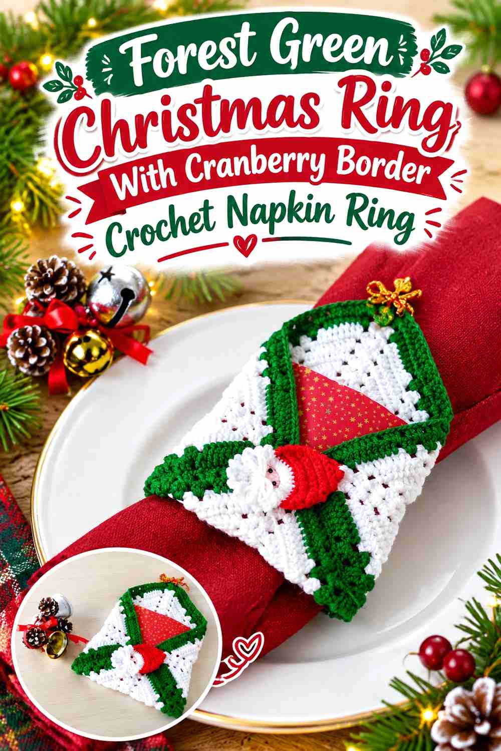 16. Forest Green Christmas Ring With Cranberry Border Crochet Napkin Ring