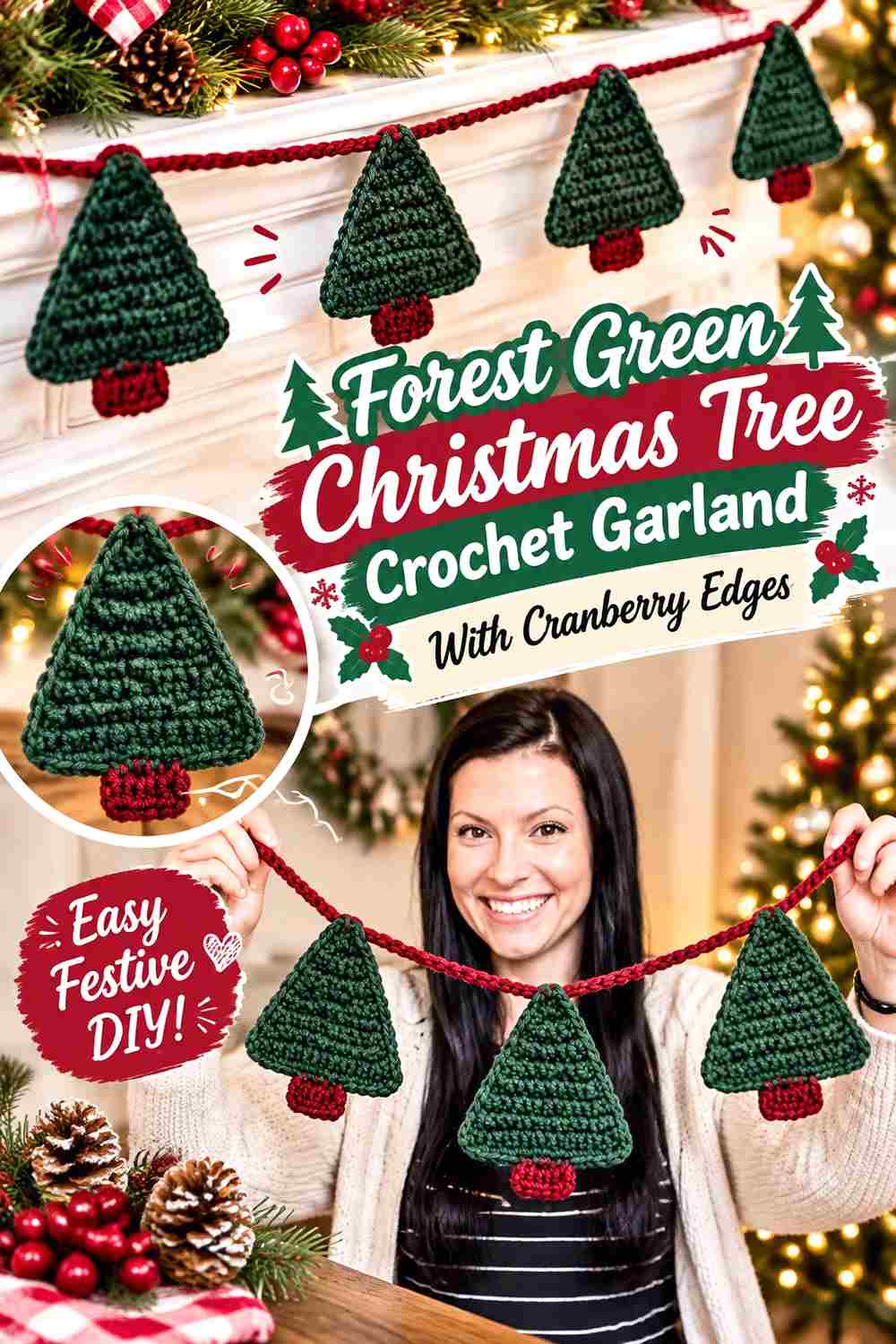 7. Forest Green Christmas Tree Crochet Garland With Cranberry Edges