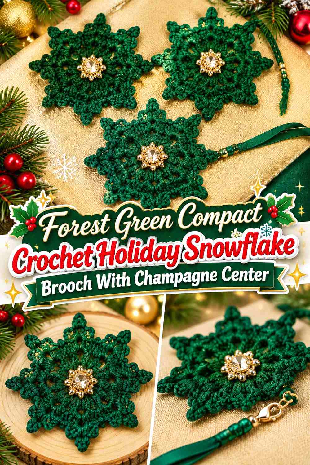 Forest Green Compact Crochet Holiday Snowflake Brooch With Champagne Center