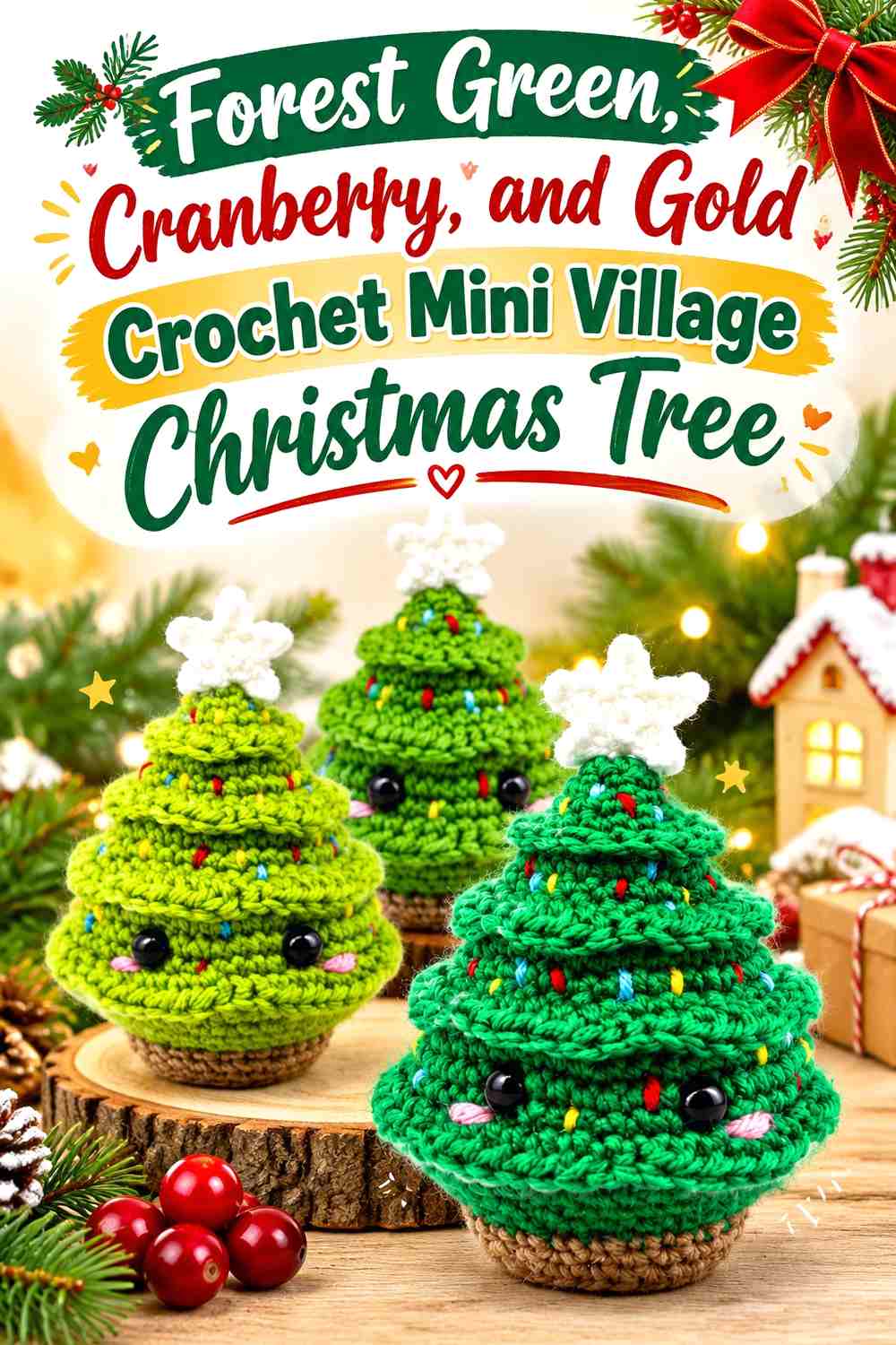 Forest Green, Cranberry, and Gold Crochet Mini Village Christmas Tree
