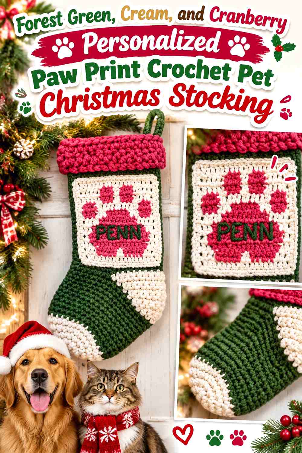 Forest Green, Cream, and Cranberry Personalized Paw Print Crochet Pet Christmas Stocking