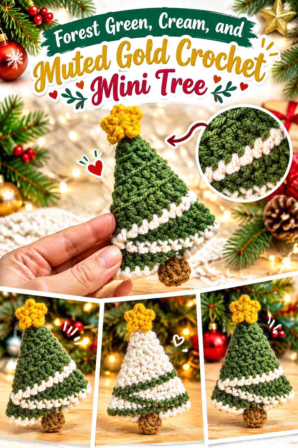 Forest Green, Cream, and Muted Gold Crochet Mini Tree