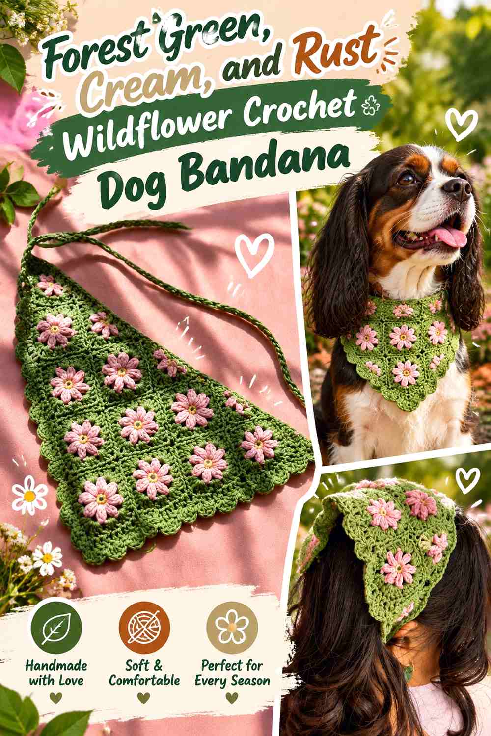 Forest Green, Cream, and Rust Wildflower Crochet Dog Bandana