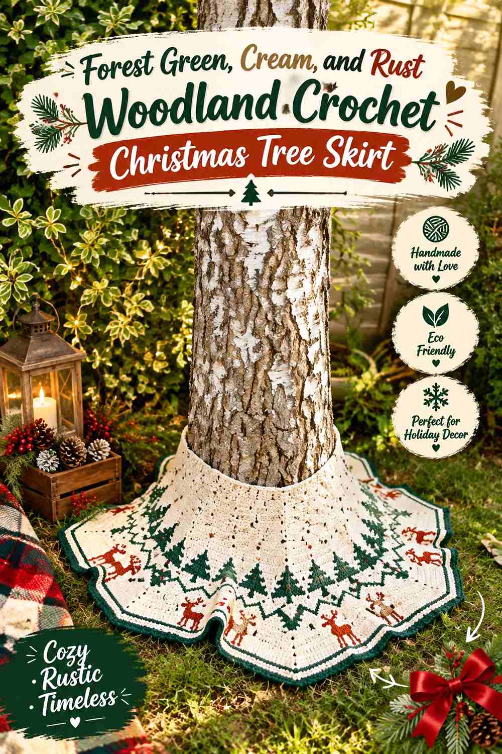 12. Forest Green Cream And Rust Woodland Crochet Christmas Tree Skirt