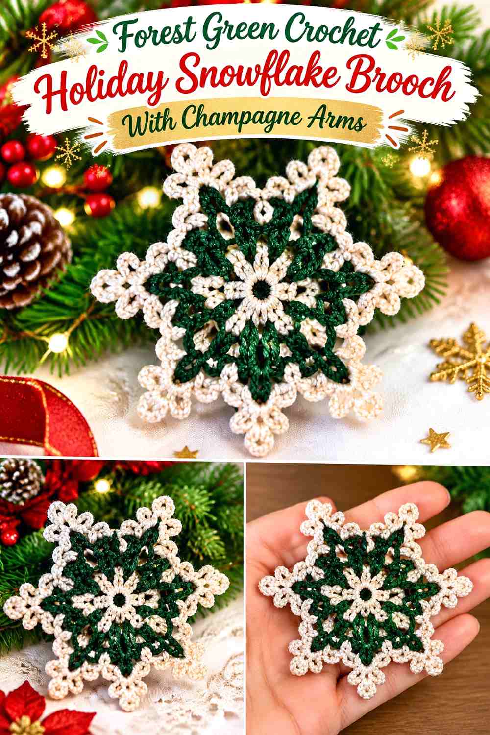 Forest Green Crochet Holiday Snowflake Brooch With Champagne Arms