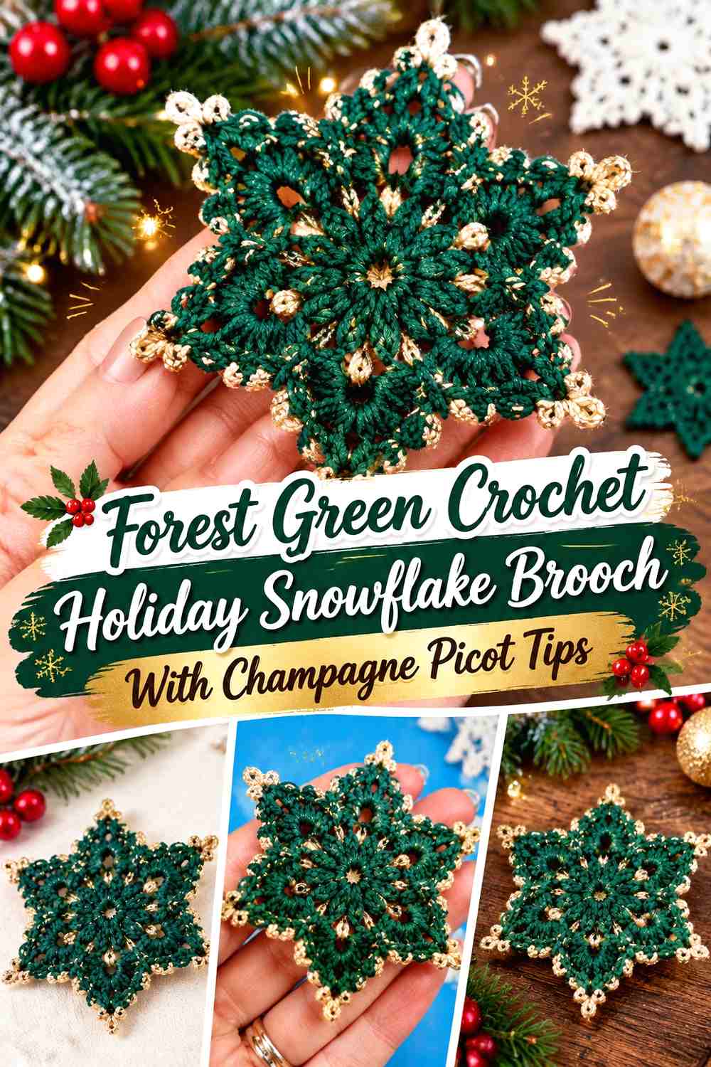 Forest Green Crochet Holiday Snowflake Brooch With Champagne Picot Tips