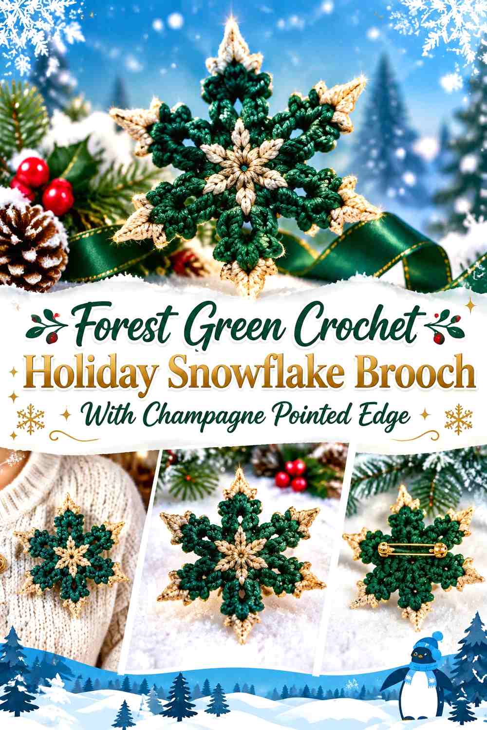 Forest Green Crochet Holiday Snowflake Brooch With Champagne Pointed Edge