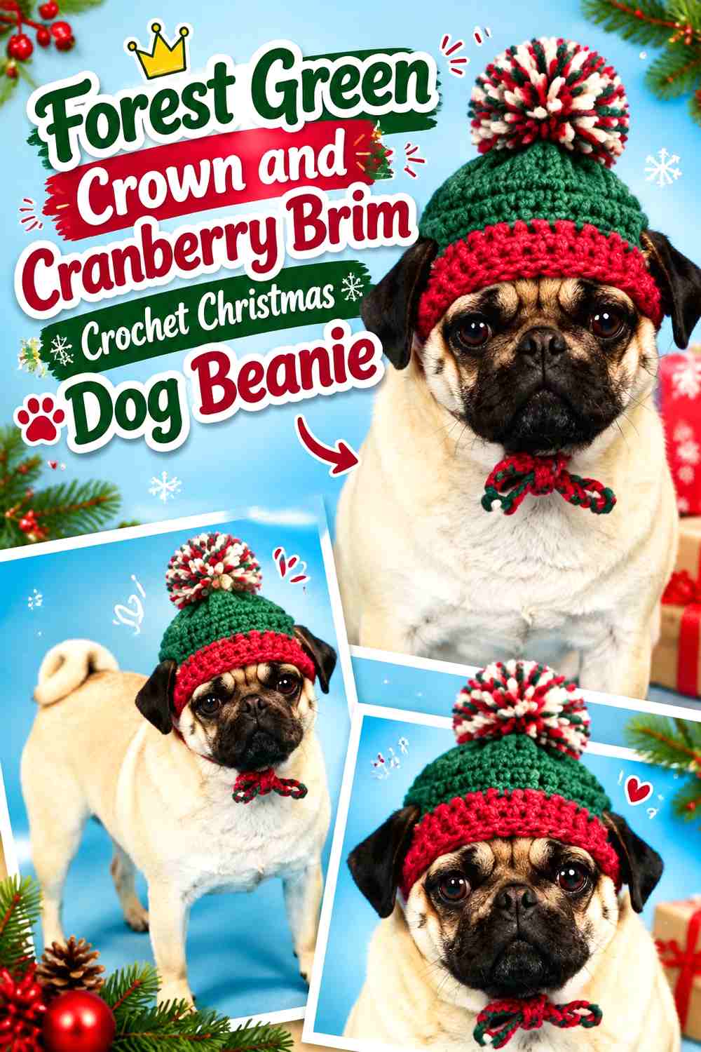 Forest Green Crown and Cranberry Brim Crochet Christmas Dog Beanie
