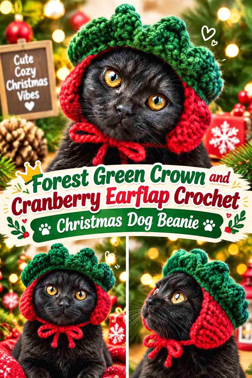 Forest Green Crown and Cranberry Earflap Crochet Christmas Dog Beanie