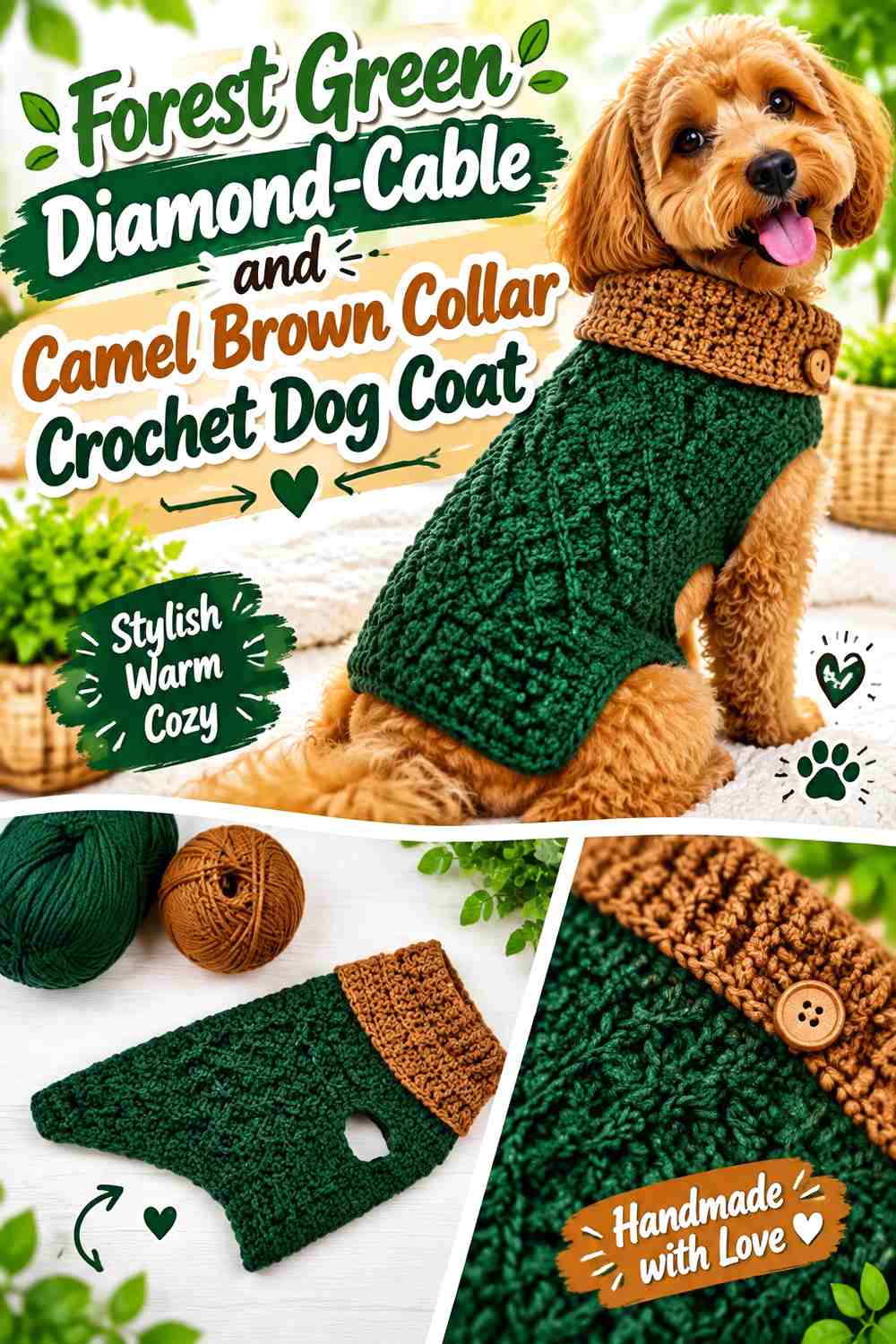 Forest Green Diamond-Cable and Camel Brown Collar Crochet Dog Coat