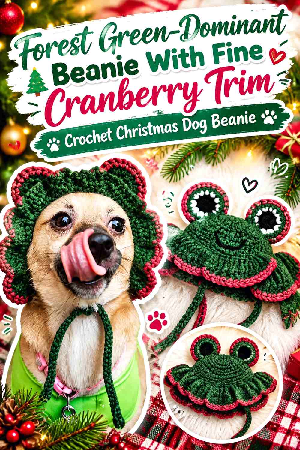 Forest Green-Dominant Beanie With Fine Cranberry Trim Crochet Christmas Dog Beanie