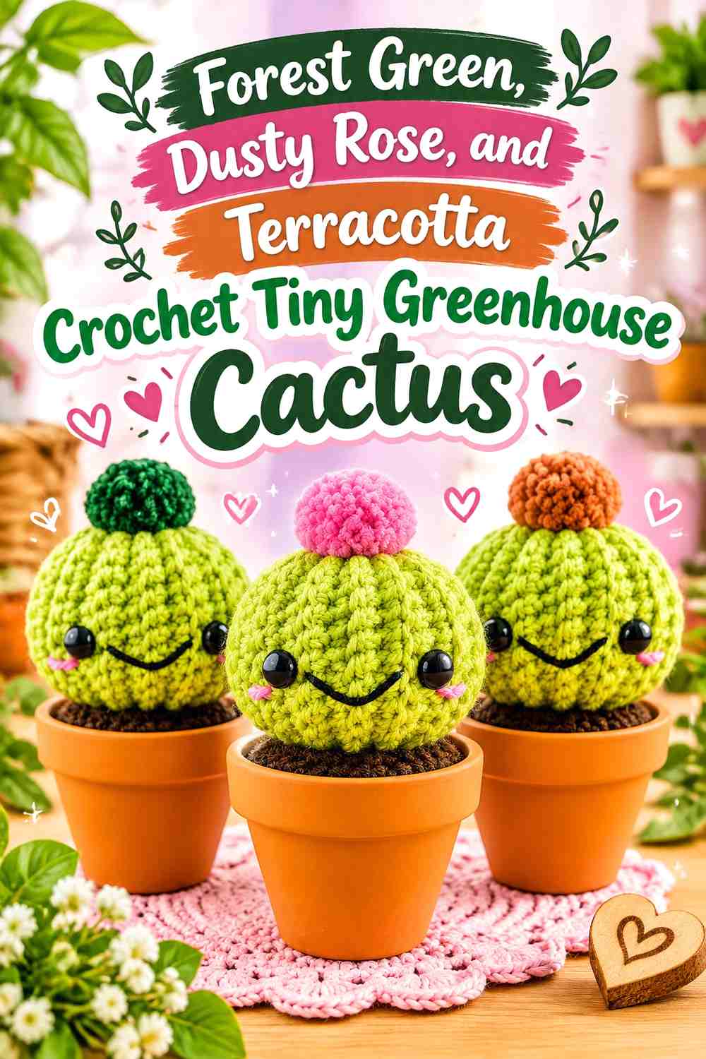 Forest Green, Dusty Rose, and Terracotta Crochet Tiny Greenhouse Cactus
