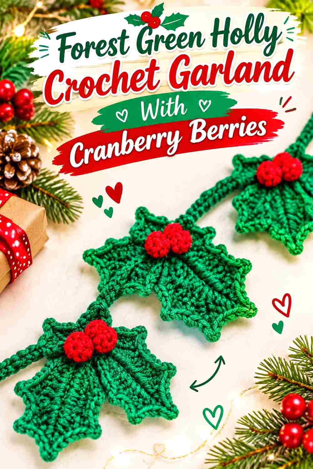8. Forest Green Holly Crochet Garland With Cranberry Berries
