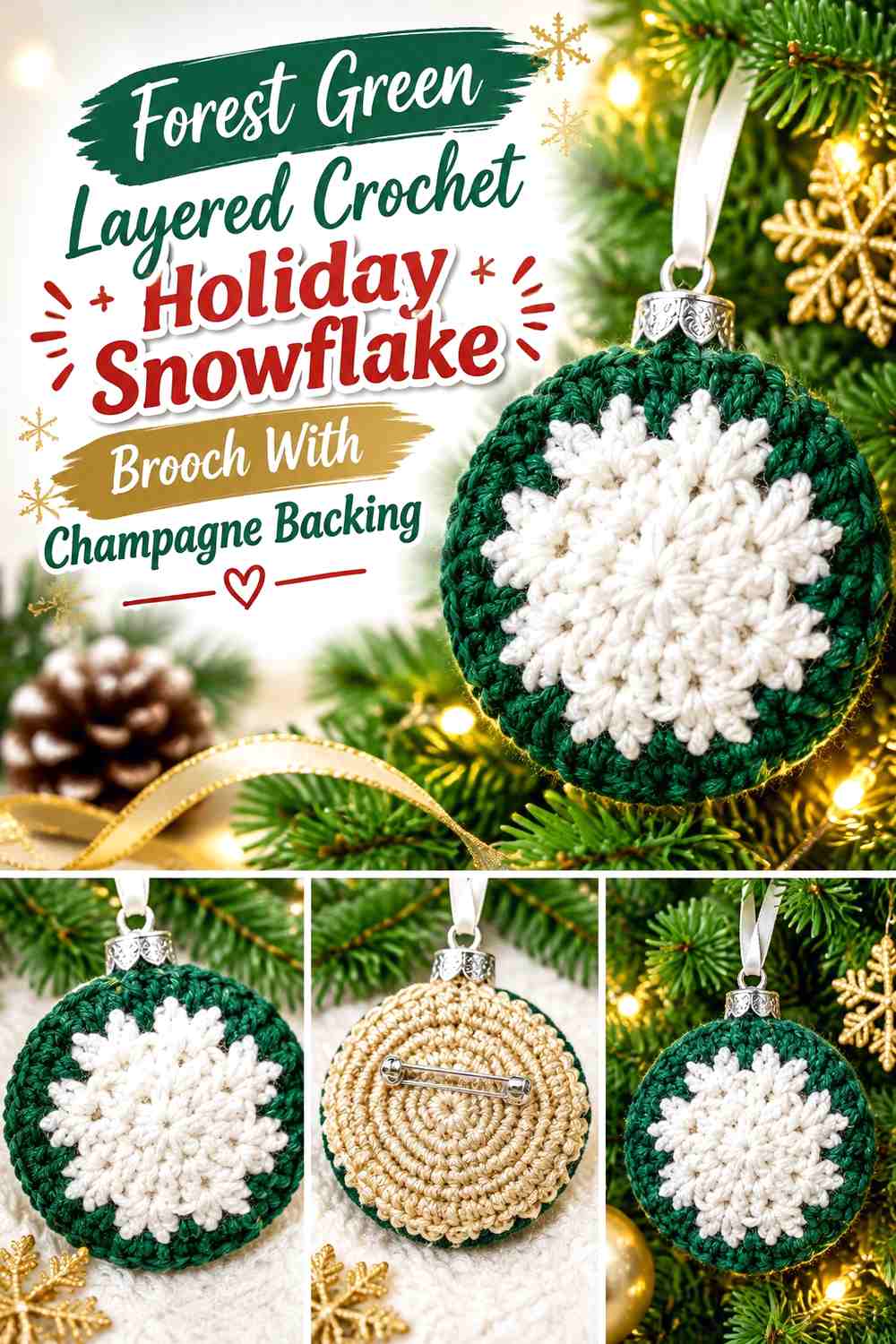 Forest Green Layered Crochet Holiday Snowflake Brooch With Champagne Backing