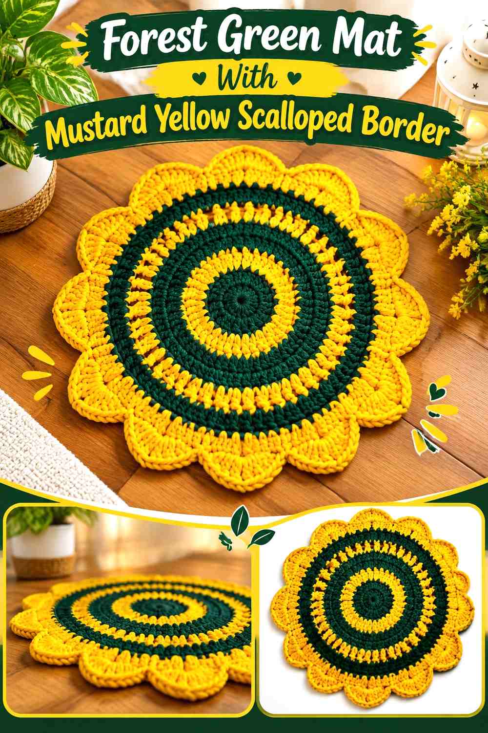 Forest Green Mat With Mustard Yellow Scalloped Border