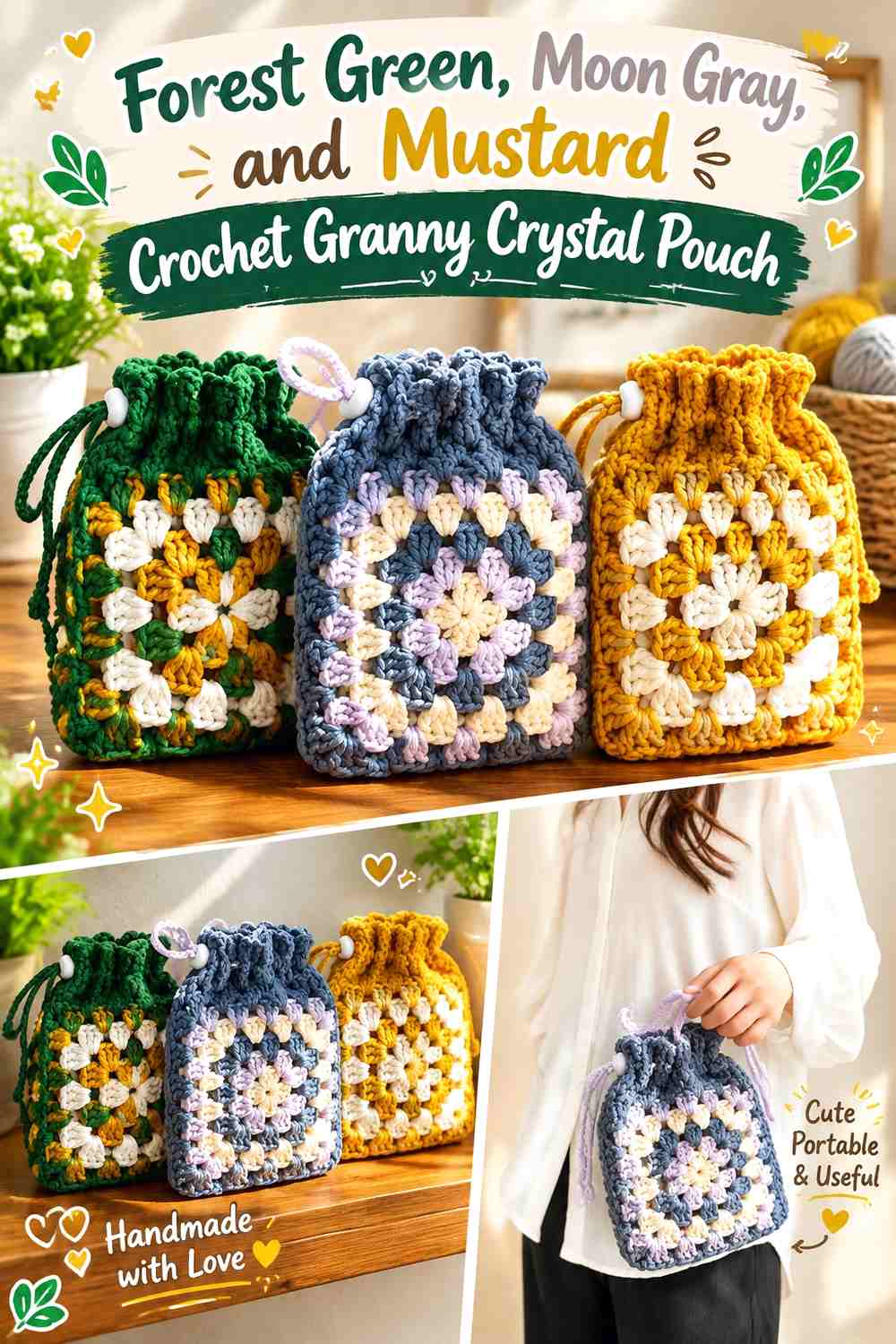 Forest Green, Moon Gray, and Mustard Crochet Granny Crystal Pouch