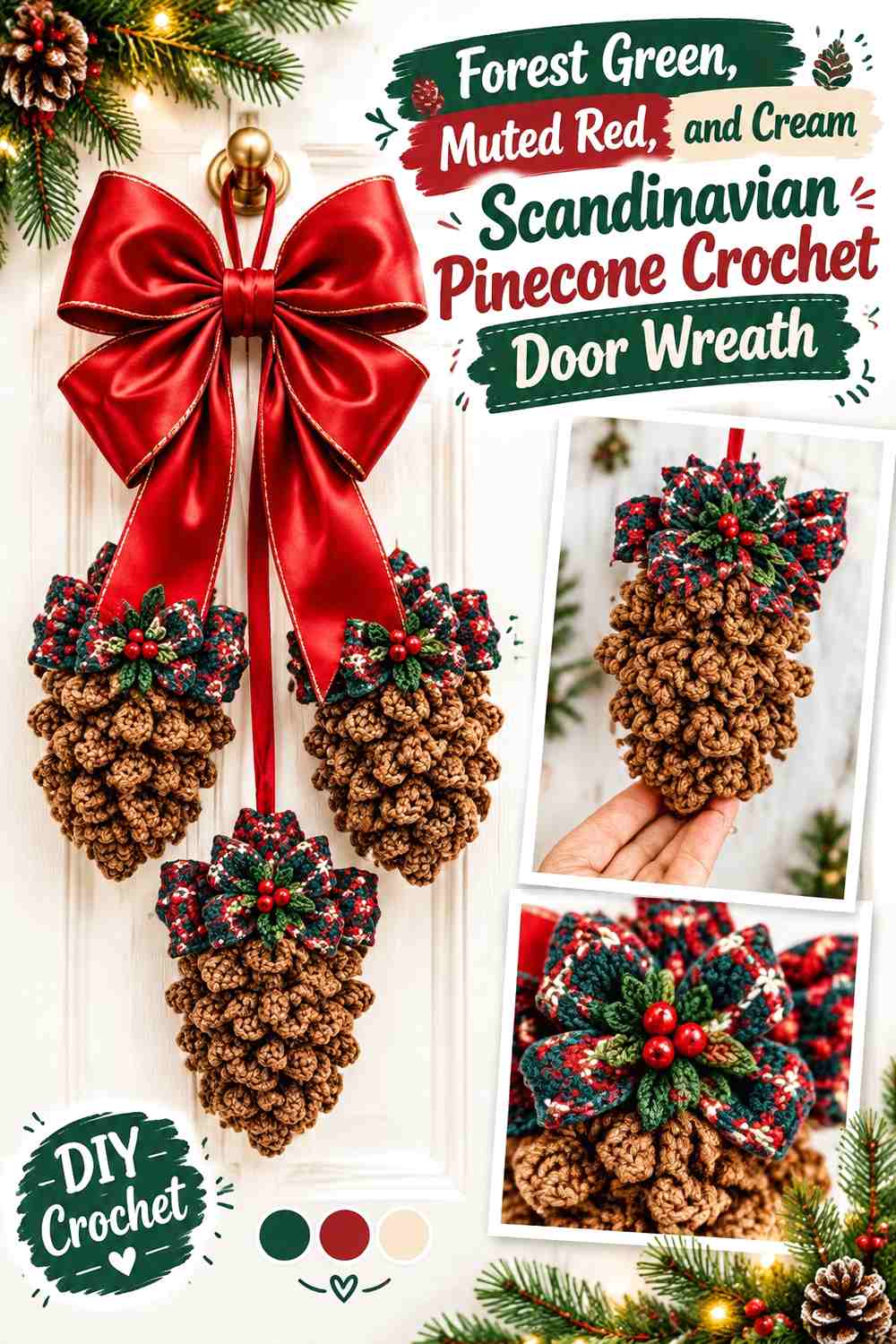 Forest Green, Muted Red, and Cream Scandinavian Pinecone Crochet Door Wreath