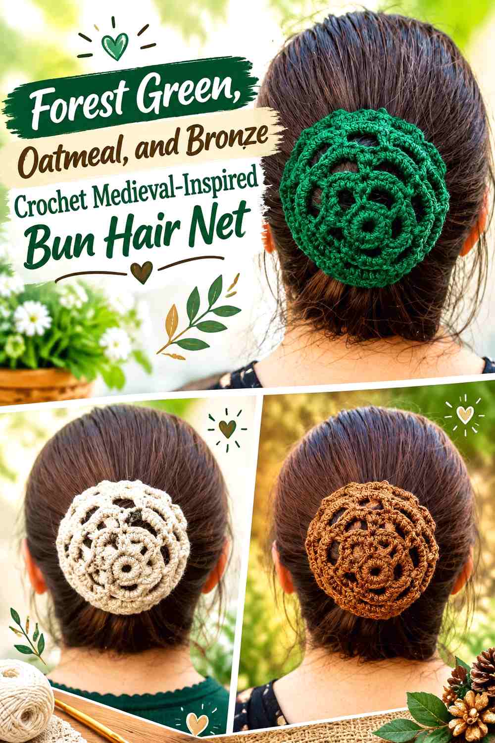 Forest Green, Oatmeal, and Bronze Crochet Medieval-Inspired Bun Hair Net