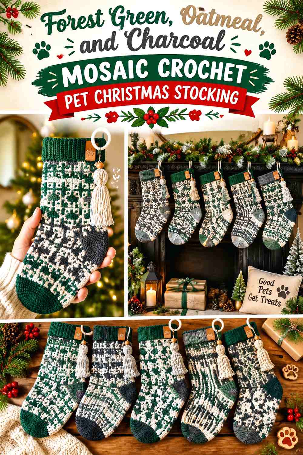 Forest Green, Oatmeal, and Charcoal Mosaic Crochet Pet Christmas Stocking