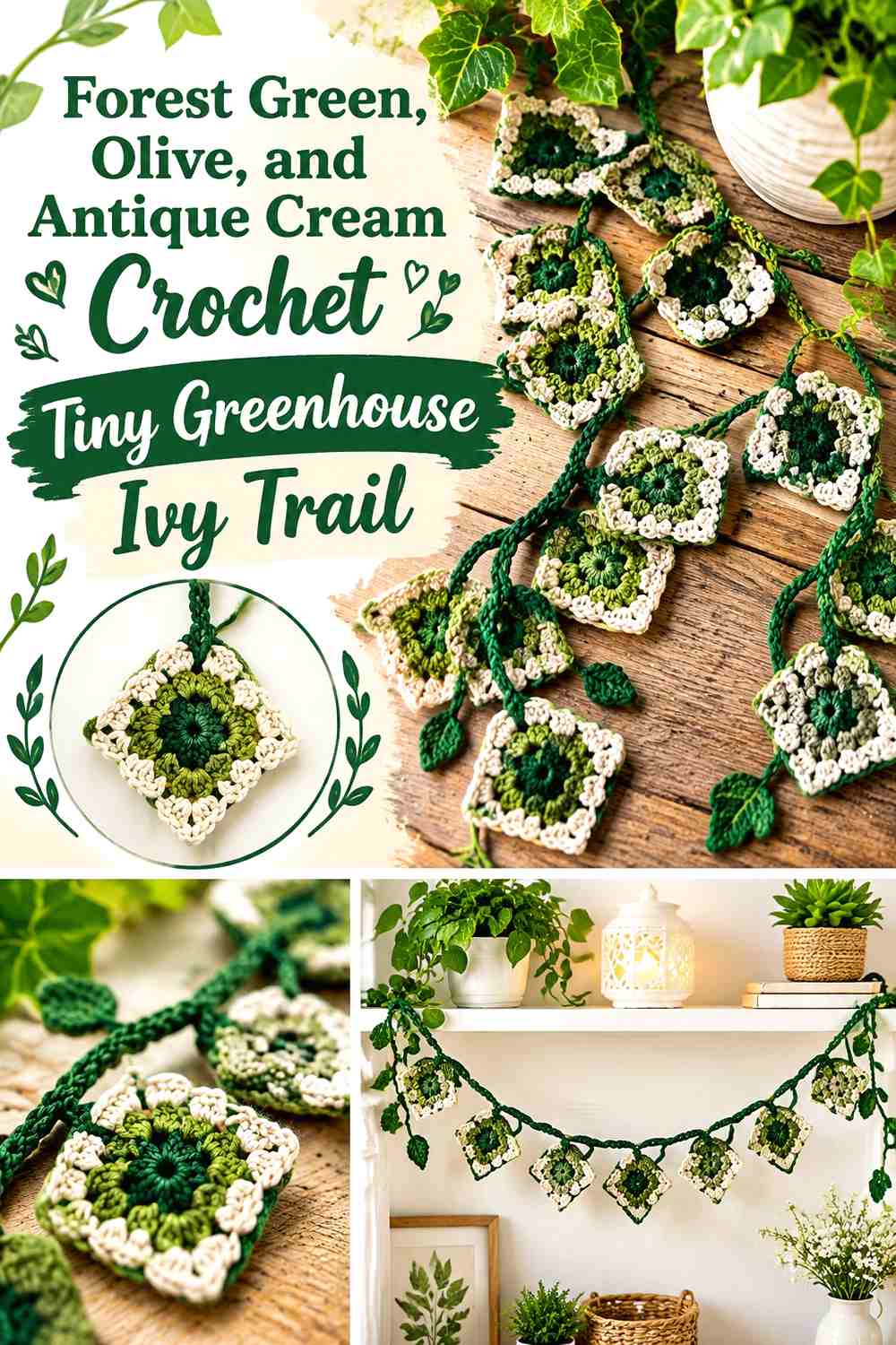 Forest Green, Olive, and Antique Cream Crochet Tiny Greenhouse Ivy Trail