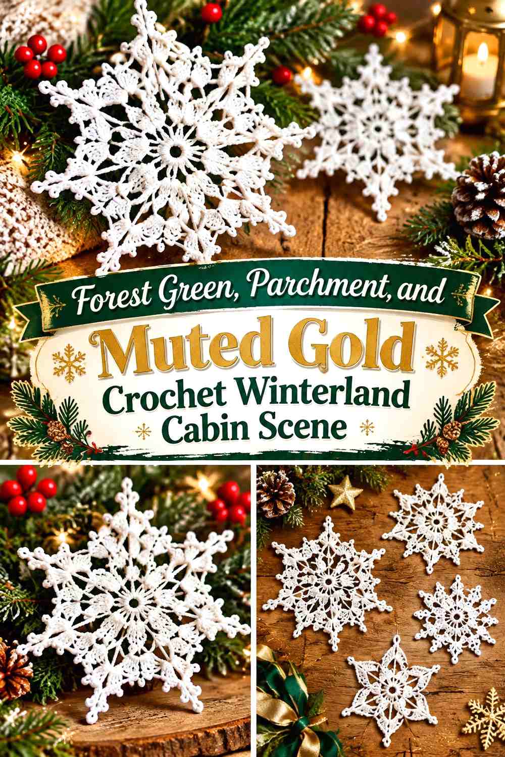 Forest Green, Parchment, and Muted Gold Crochet Winterland Cabin Scene