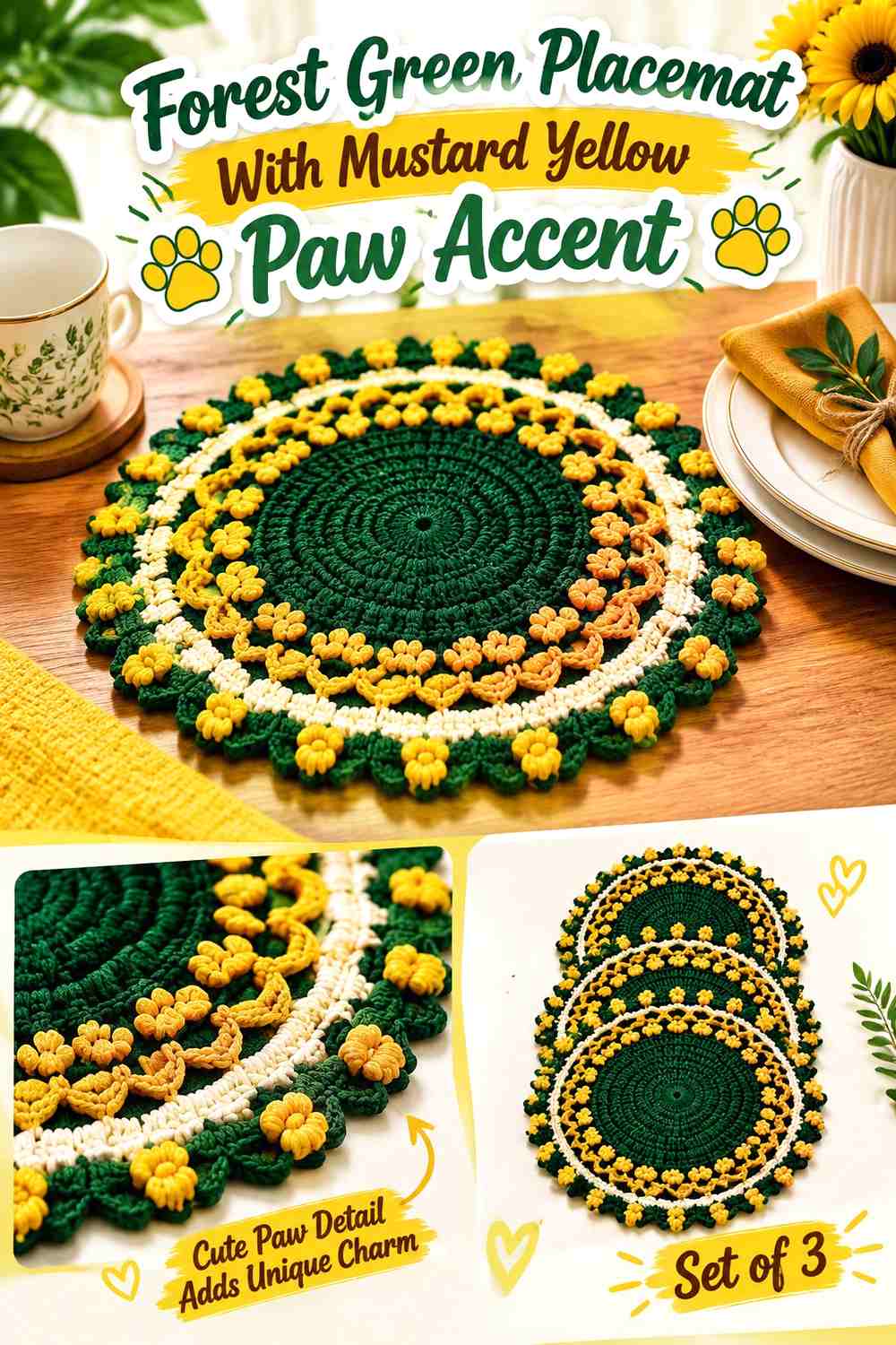 Forest Green Placemat With Mustard Yellow Paw Accent