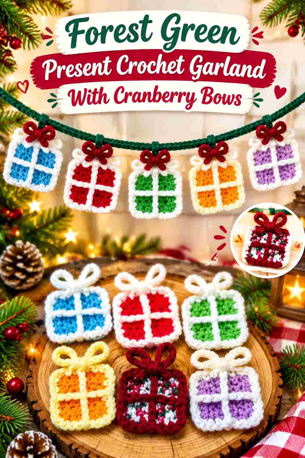 18. Forest Green Present Crochet Garland With Cranberry Bows