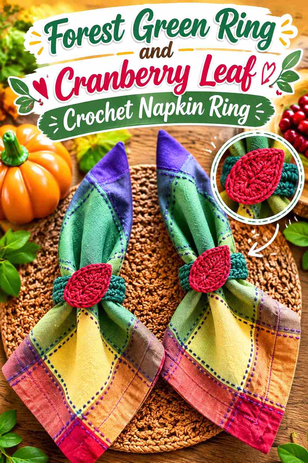 1. Forest Green Ring And Cranberry Leaf Crochet Napkin Ring