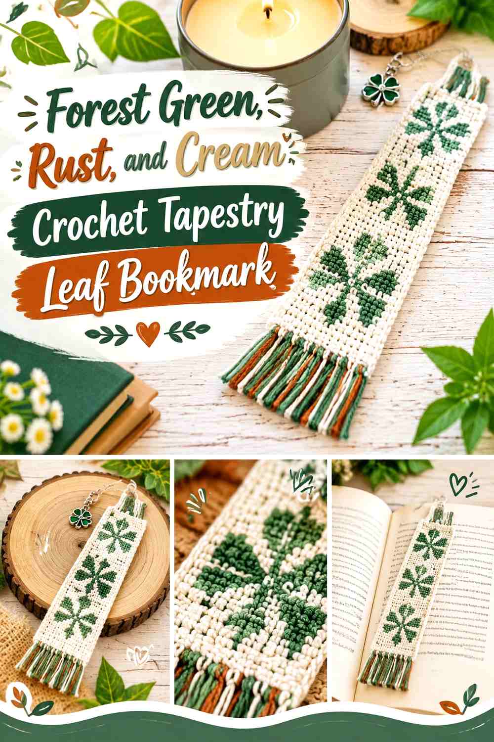 Forest Green, Rust, and Cream Crochet Tapestry Leaf Bookmark
