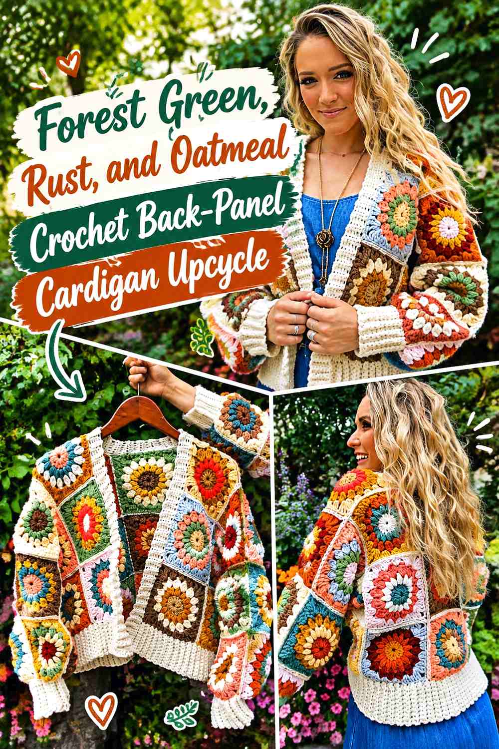 Forest Green, Rust, and Oatmeal Crochet Back-Panel Cardigan Upcycle