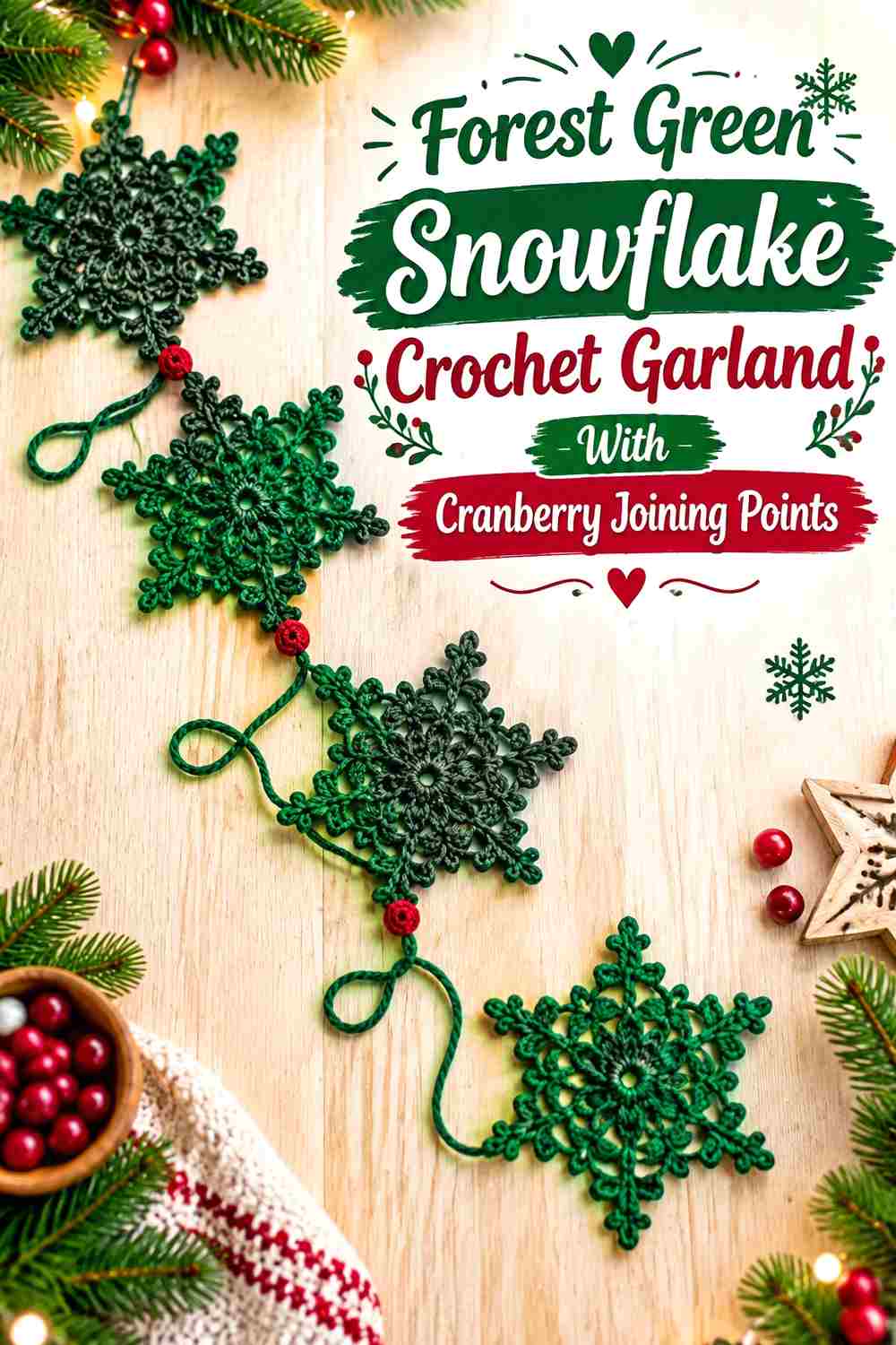 2. Forest Green Snowflake Crochet Garland With Cranberry Joining Points