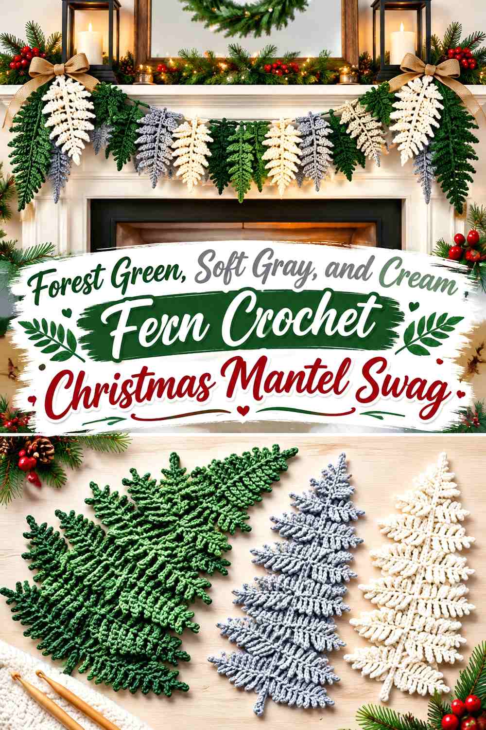 Forest Green, Soft Gray, and Cream Fern Crochet Christmas Mantel Swag