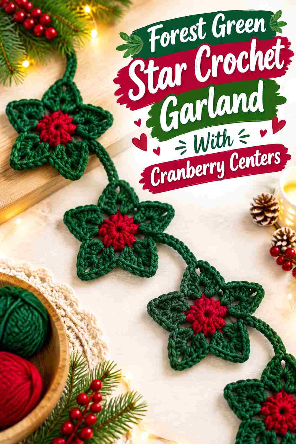 6. Forest Green Star Crochet Garland With Cranberry Centers