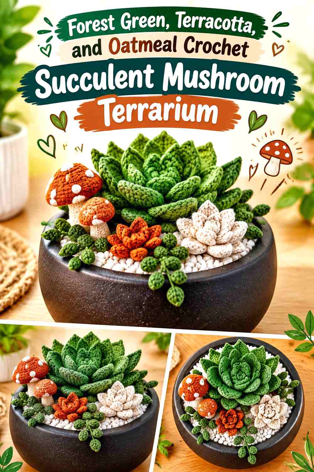 Forest Green, Terracotta, and Oatmeal Crochet Succulent Mushroom Terrarium
