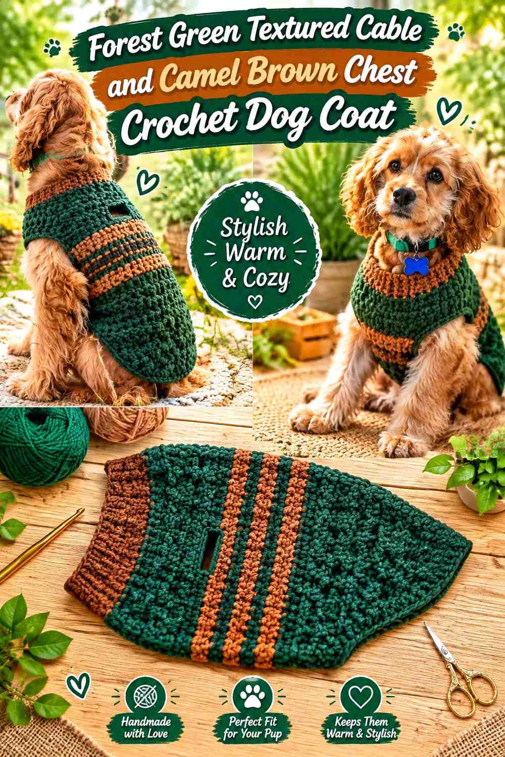 Forest Green Textured Cable and Camel Brown Chest Crochet Dog Coat