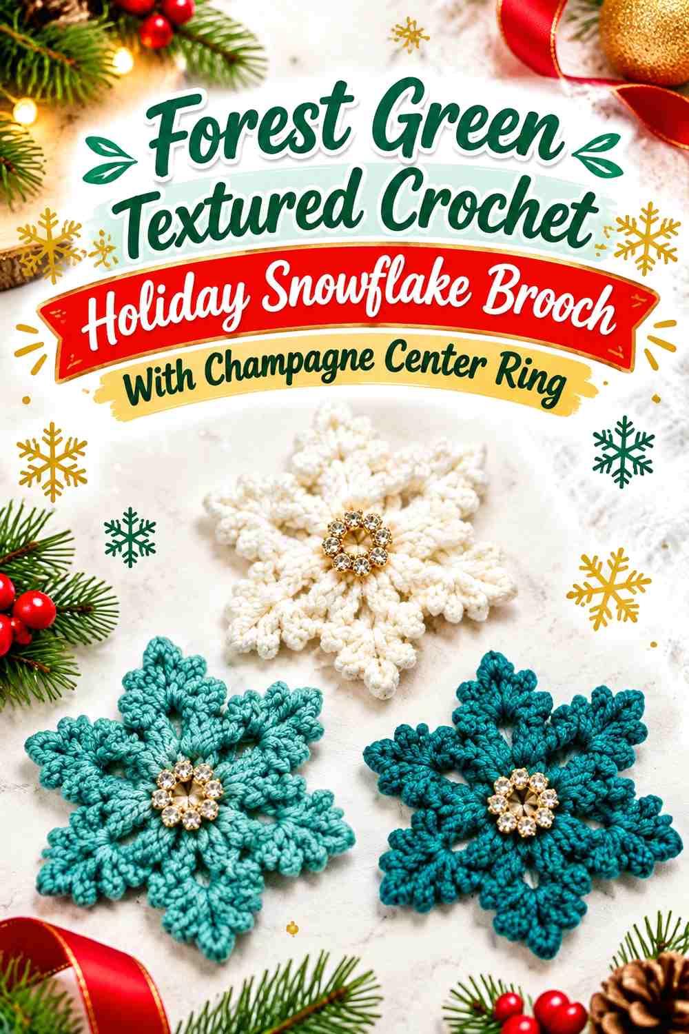Forest Green Textured Crochet Holiday Snowflake Brooch With Champagne Center Ring