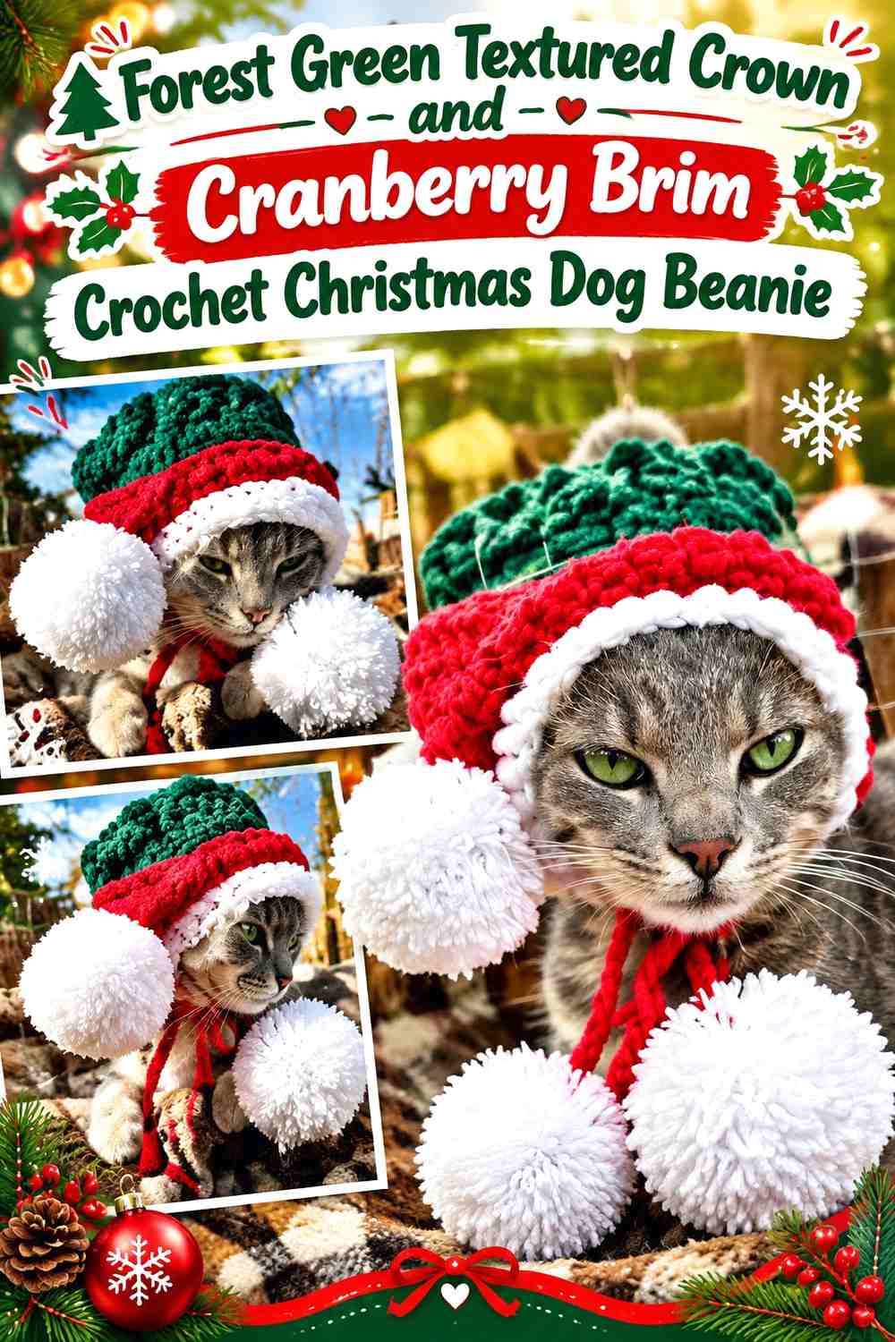 Forest Green Textured Crown and Cranberry Brim Crochet Christmas Dog Beanie