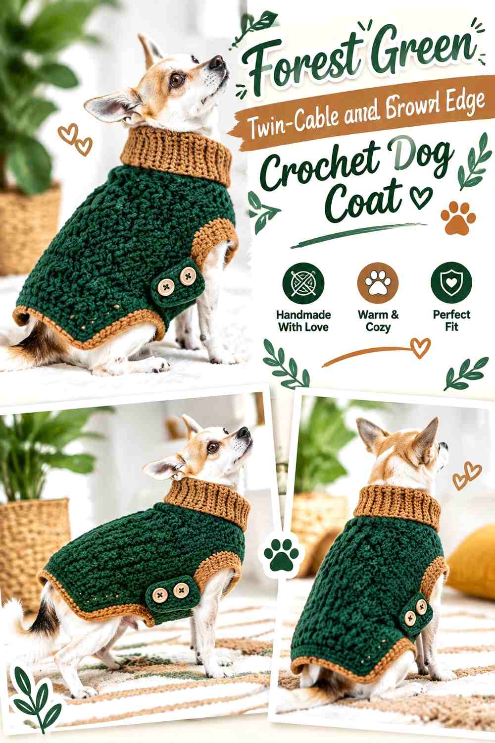 Forest Green Twin-Cable and Camel Brown Edge Crochet Dog Coat