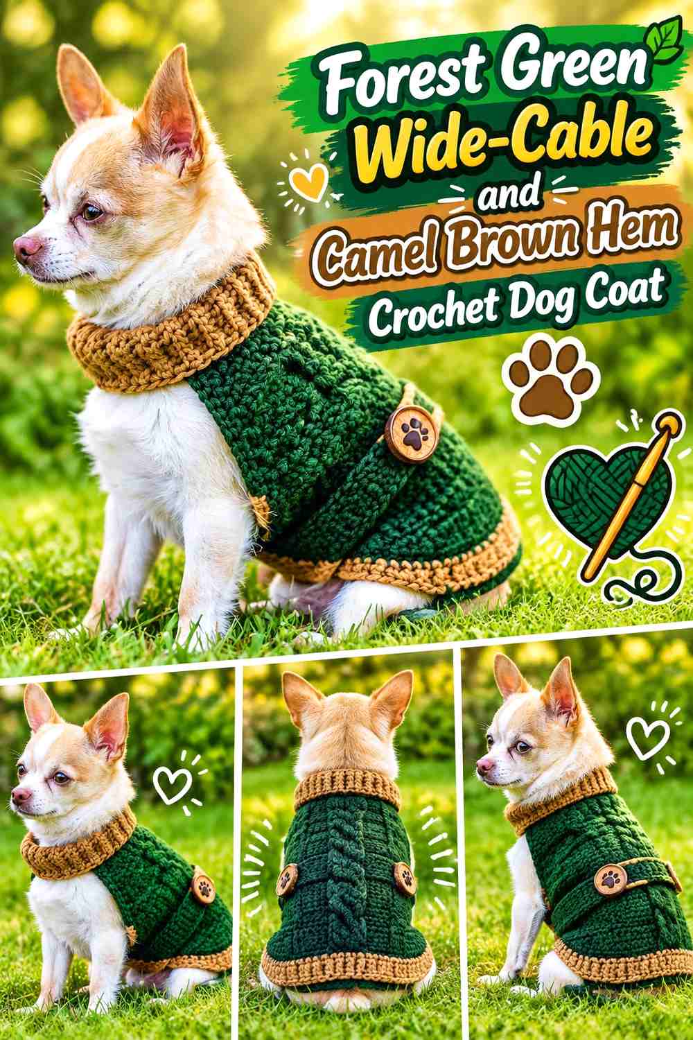 Forest Green Wide-Cable and Camel Brown Hem Crochet Dog Coat